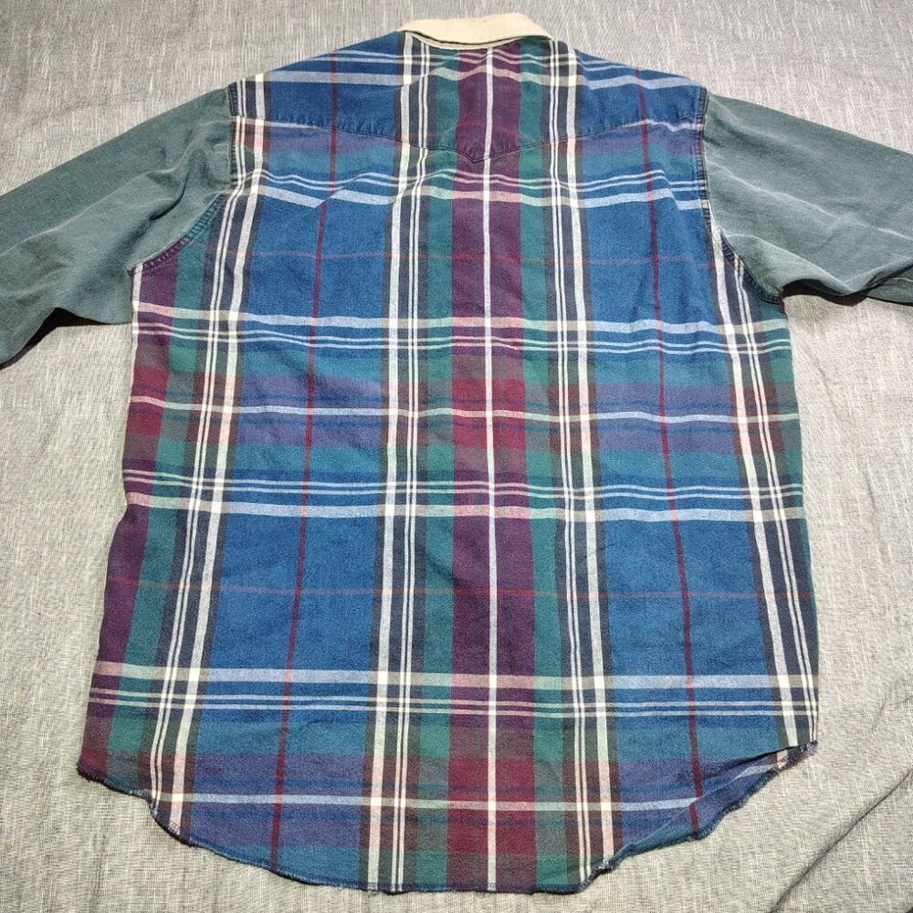 Vintage Wrangler Shirt Mens Long Tail Western Pearl Snap Brushpopper Patchwork - Picture 11 of 13